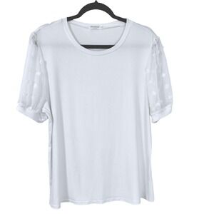 Newchoice White Ribbed Crew Neck Swiss Dot Mesh Puff‎ Sleeve Top XXL Coquette
